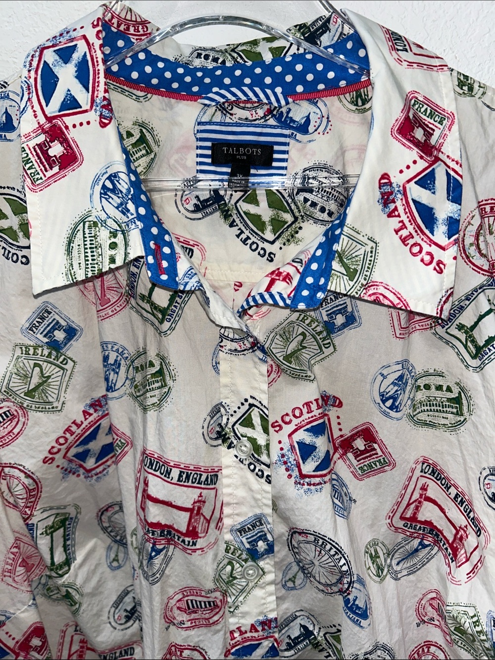 Talbots Plus Passport Stamp Print Long-Sleeve Button-Down Shirt sz 3X in EUC